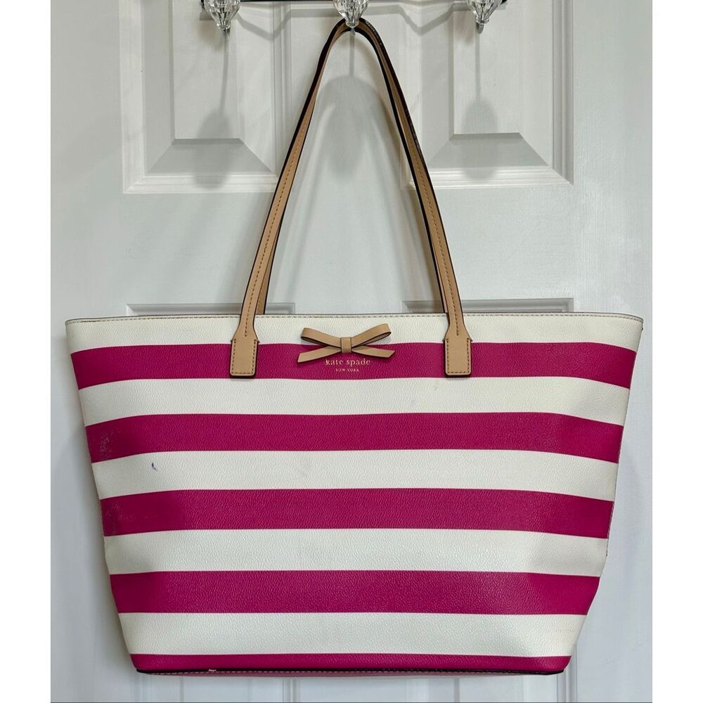 KATE SPADE NEW YORK - Eden Street Margareta Tote in Pink & White Coated Canvas